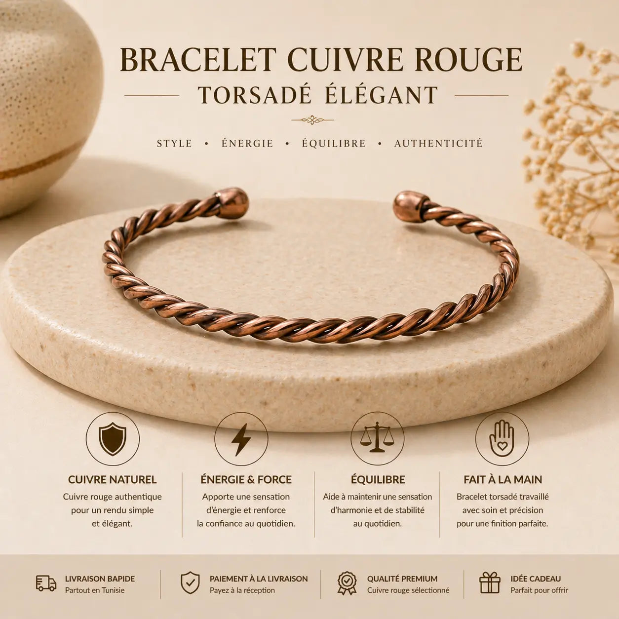 Bracelet Cuivre Rouge Torsadé Élégant