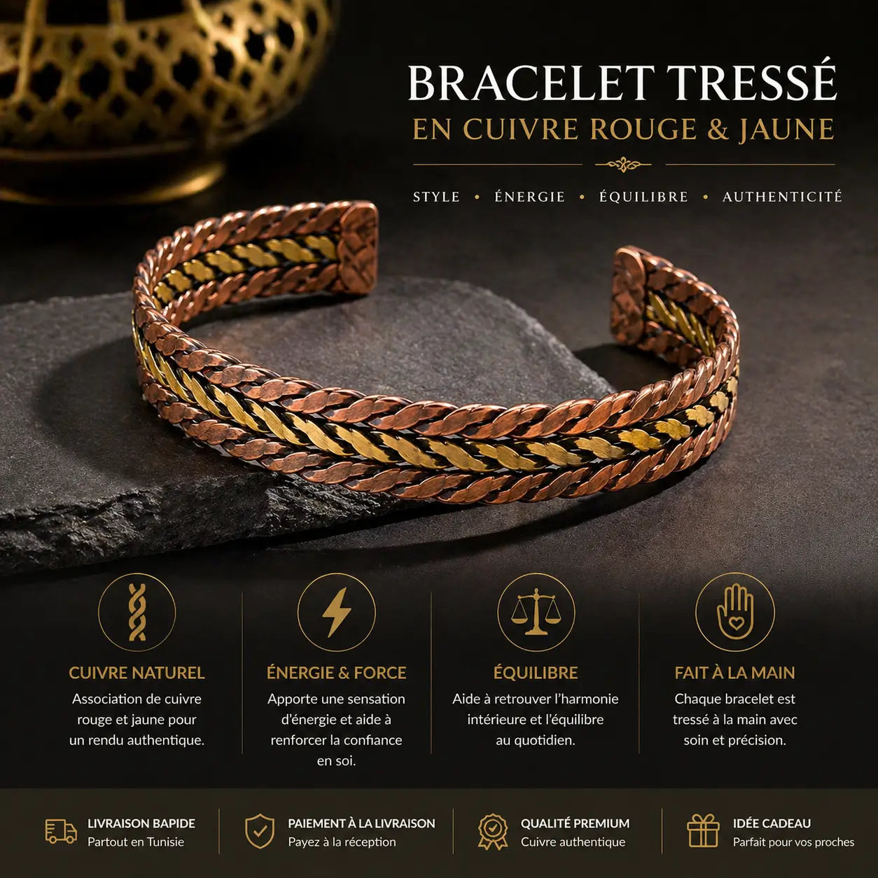 Bracelet Tressé en Cuivre Rouge & Jaune