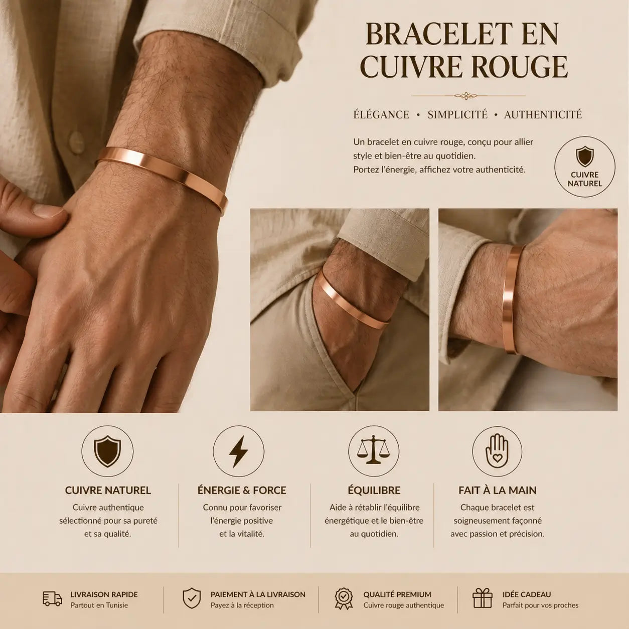 Bracelet en Cuivre Rouge Fait Main – Énergie, Vitalité & Bien-Être