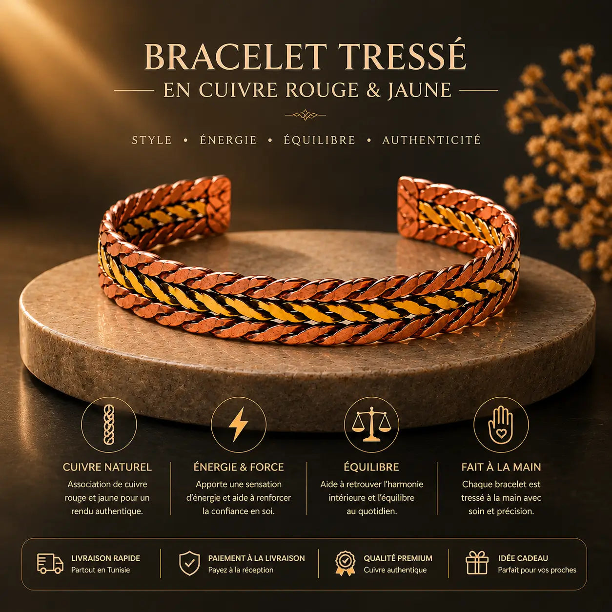 Bracelet Tressé en Cuivre Rouge & Jaune