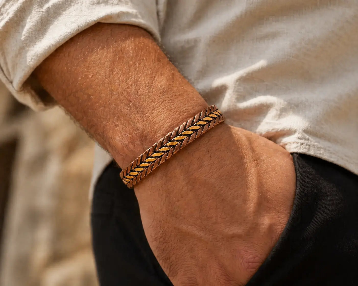 Bracelet Tressé en Cuivre Rouge & Jaune
